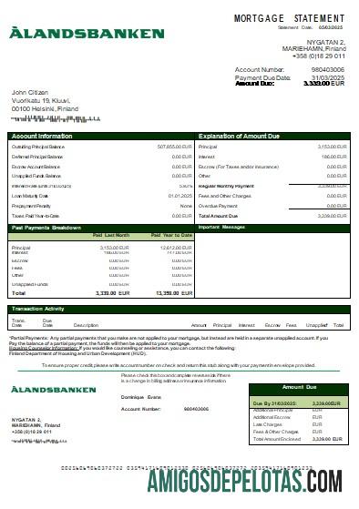 Declaração de hipoteca do Banco Aland da Finlândia Scr exemplo real